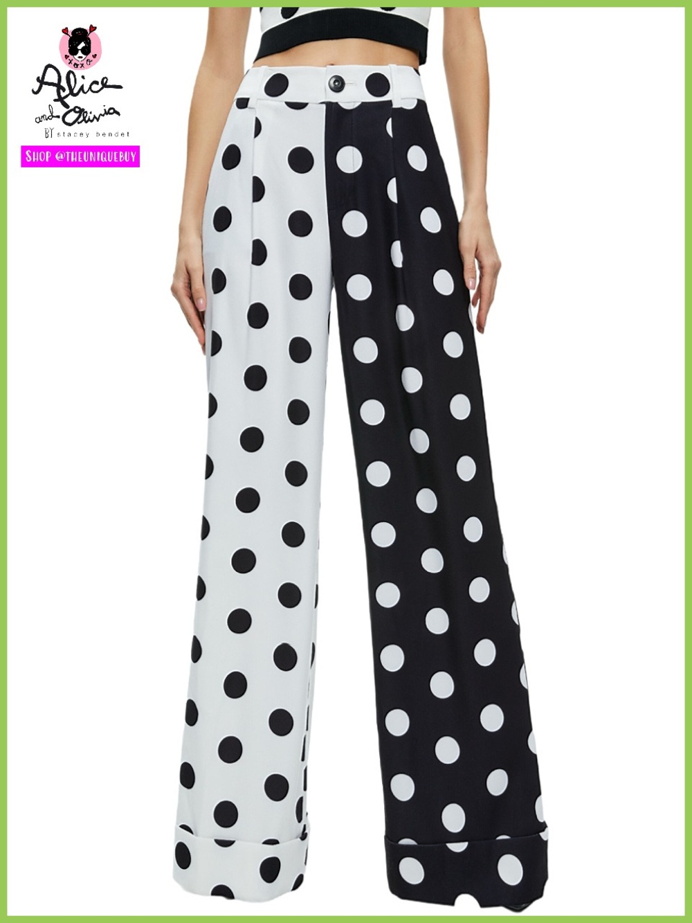 Alice + Olivia Tomasa Polka Dot Cuffed Black White Colorblock Pant